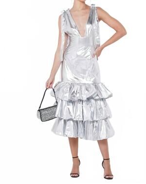 NEW AMYLYNN metallic plunge neck dress in silver